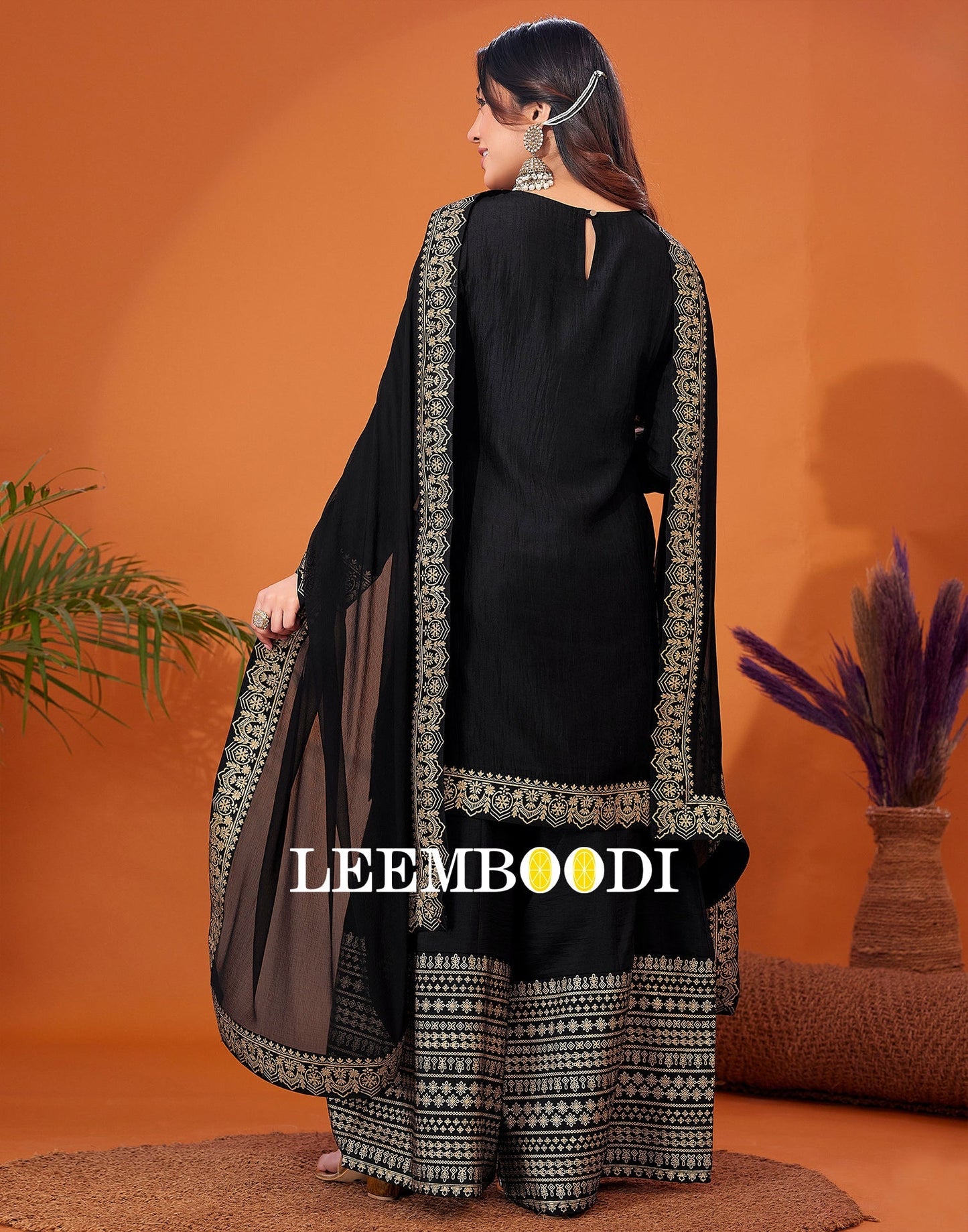 Black Foil Prined Kurta With Sharara And Dupatta