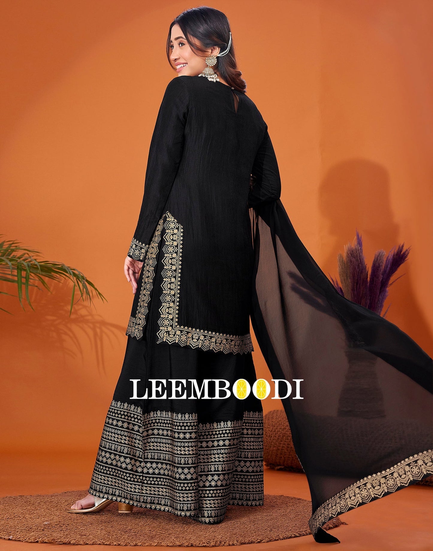 Black Foil Prined Kurta With Sharara And Dupatta