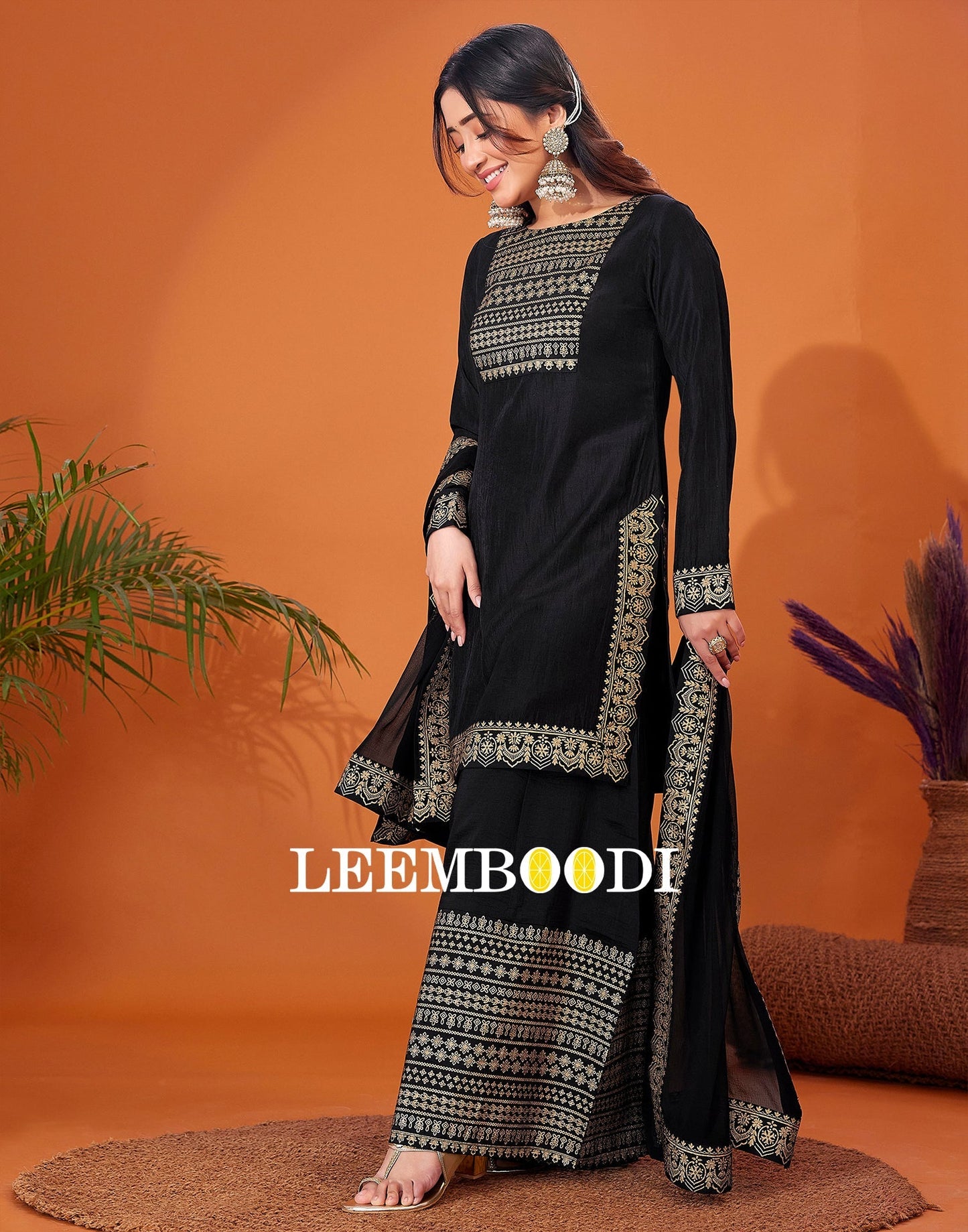 Black Foil Prined Kurta With Sharara And Dupatta