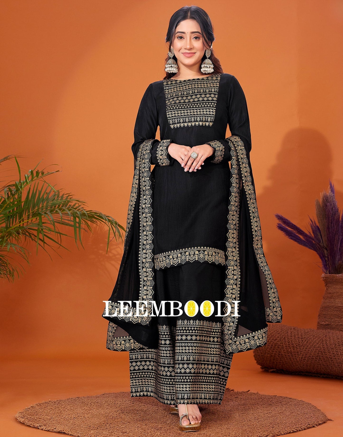 Black Foil Prined Kurta With Sharara And Dupatta