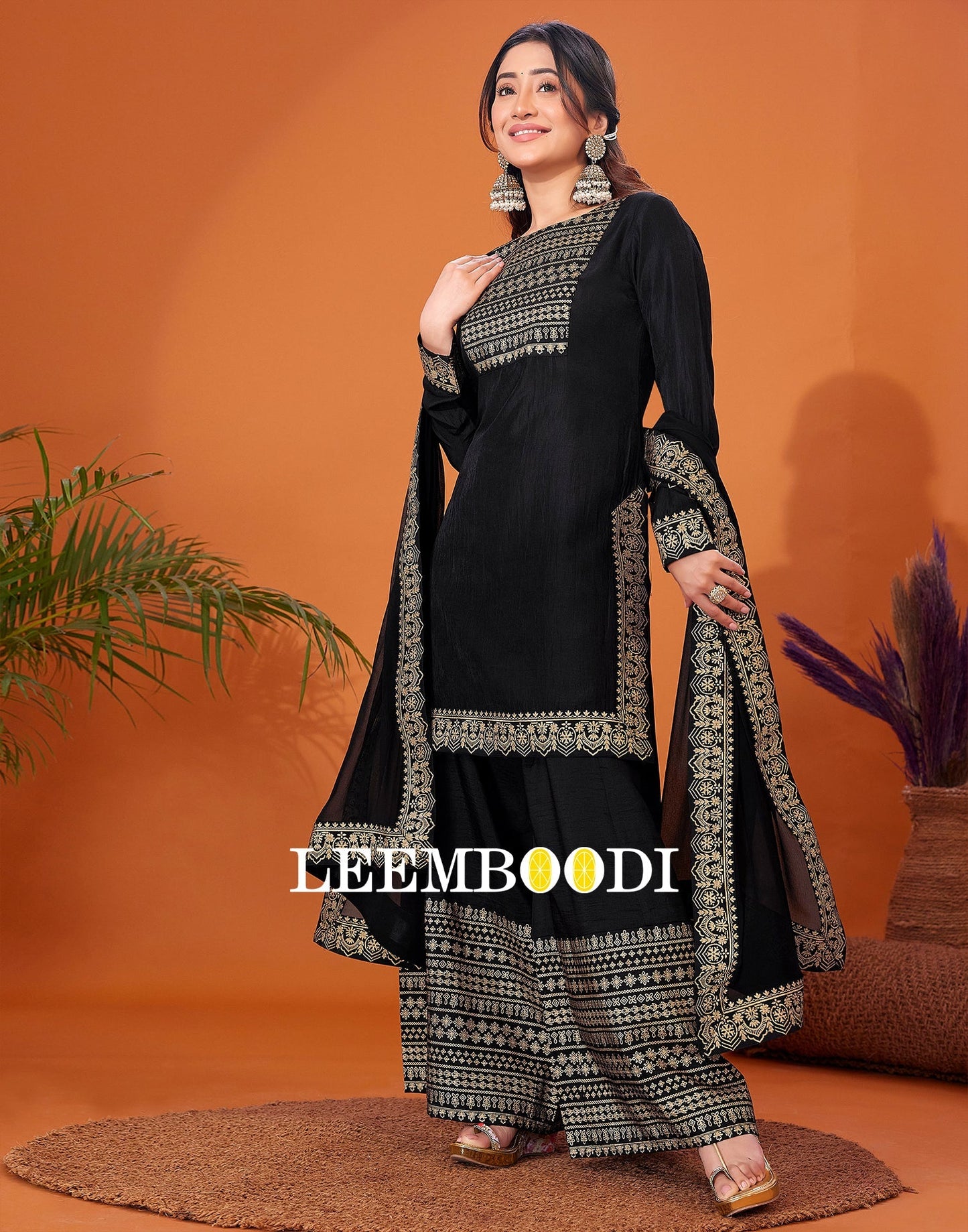 Black Foil Prined Kurta With Sharara And Dupatta