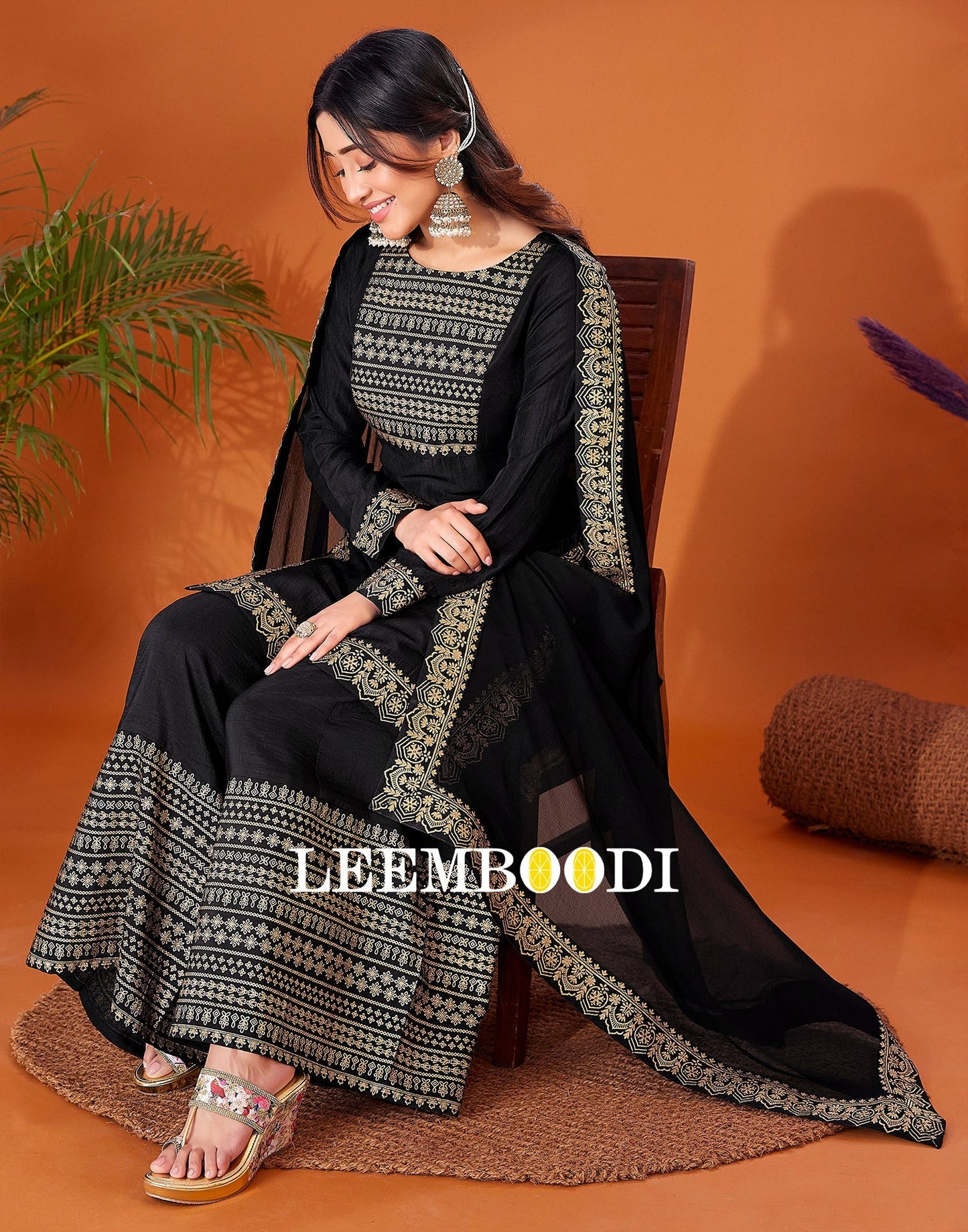 Black Foil Prined Kurta With Sharara And Dupatta