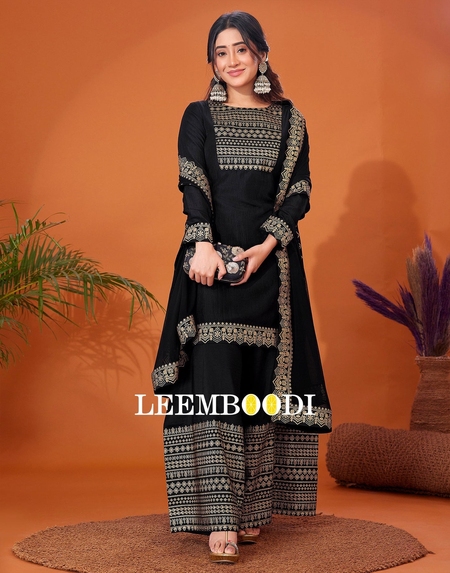 Black Foil Prined Kurta With Sharara And Dupatta