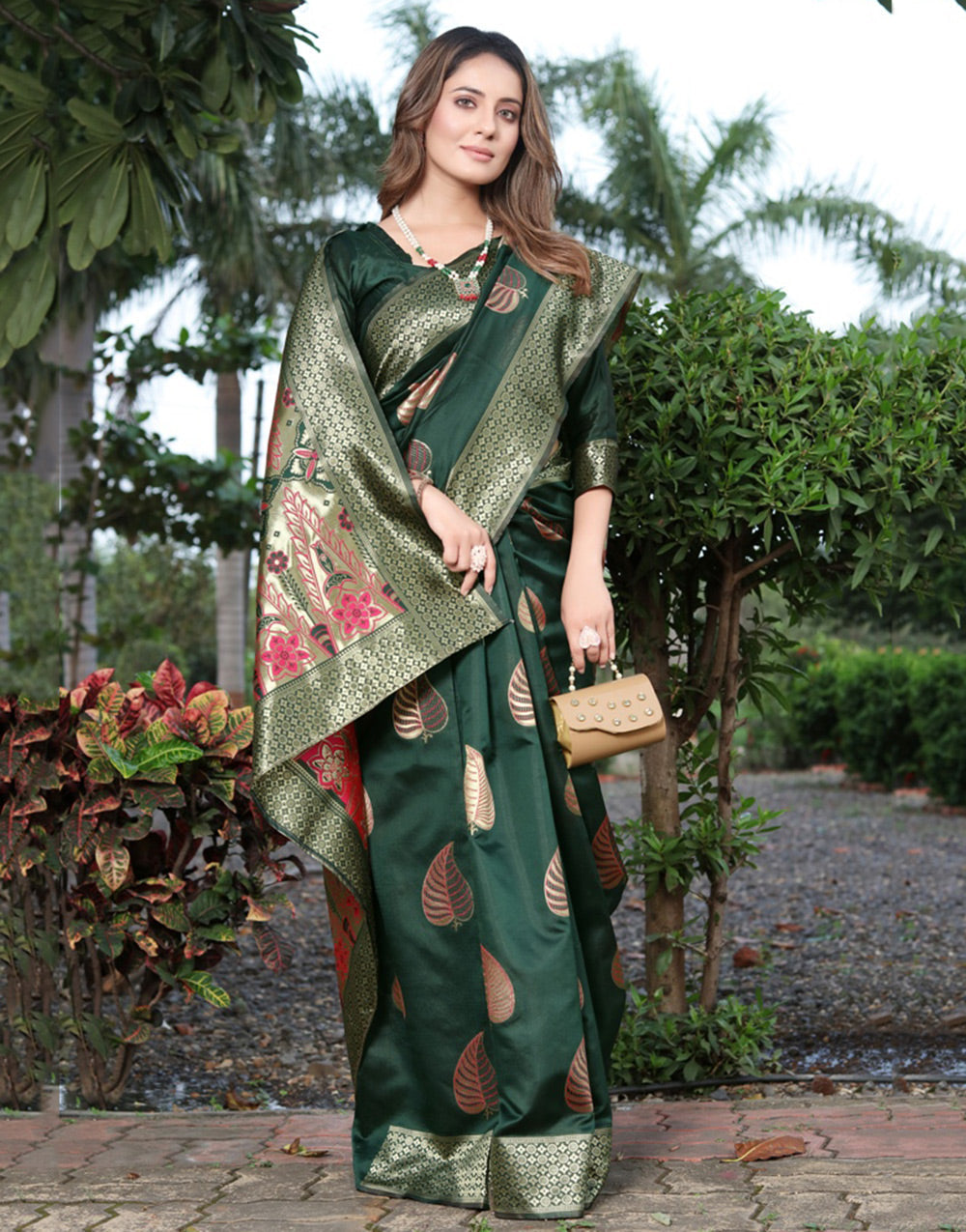 Green Banarasi Soft Silk Saree With Zari Weaving Work