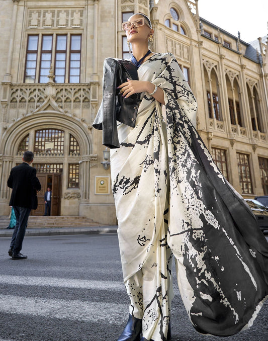 Off White Printed Satin Saree