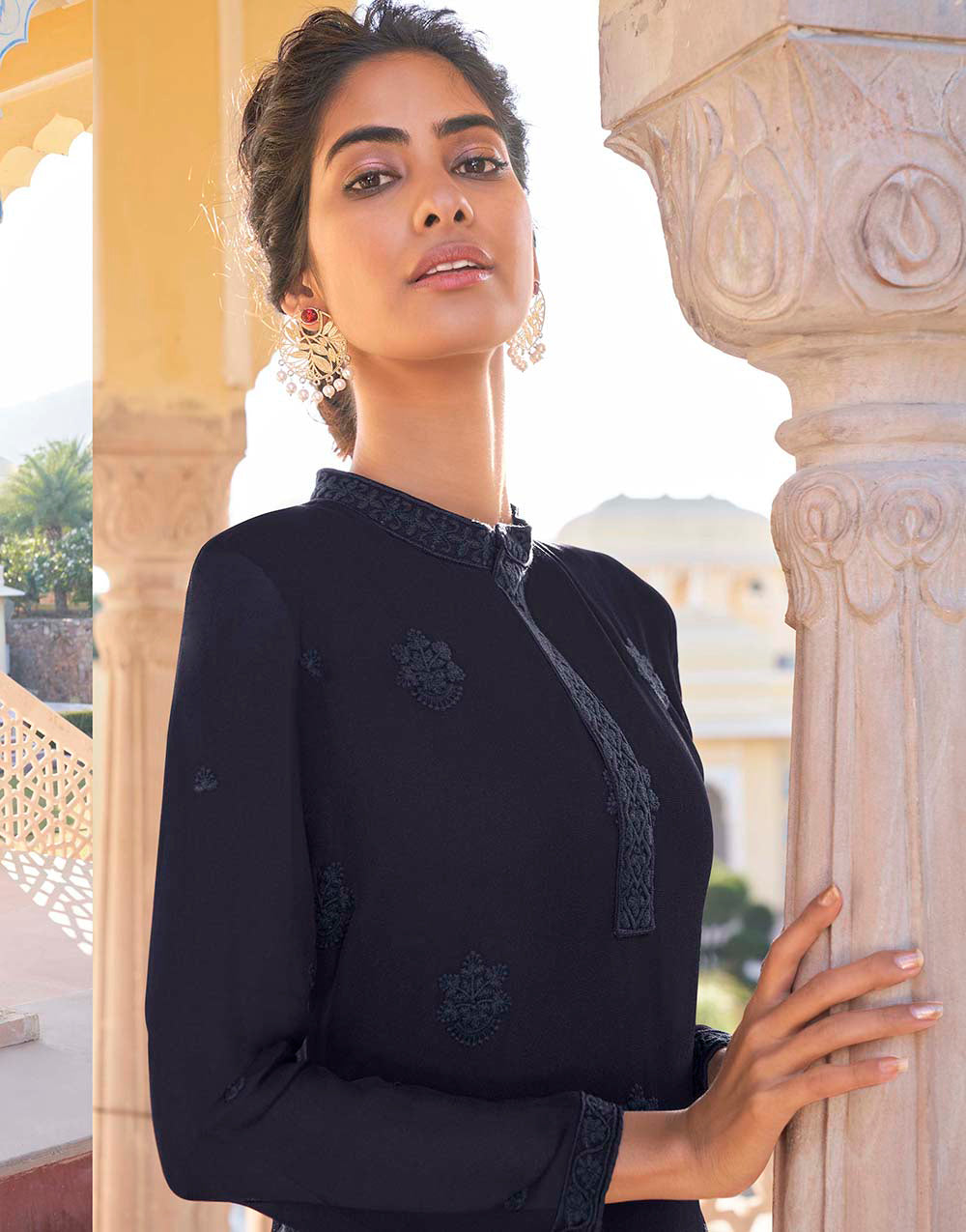 Black Fox Georgette With Embroidery Work Kurti