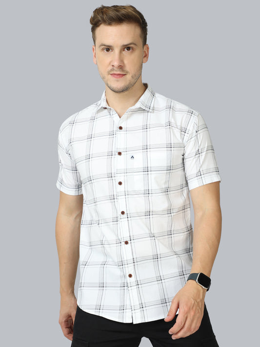 6line White Cotton Blend Checks Half Sleeve Shirt For Men