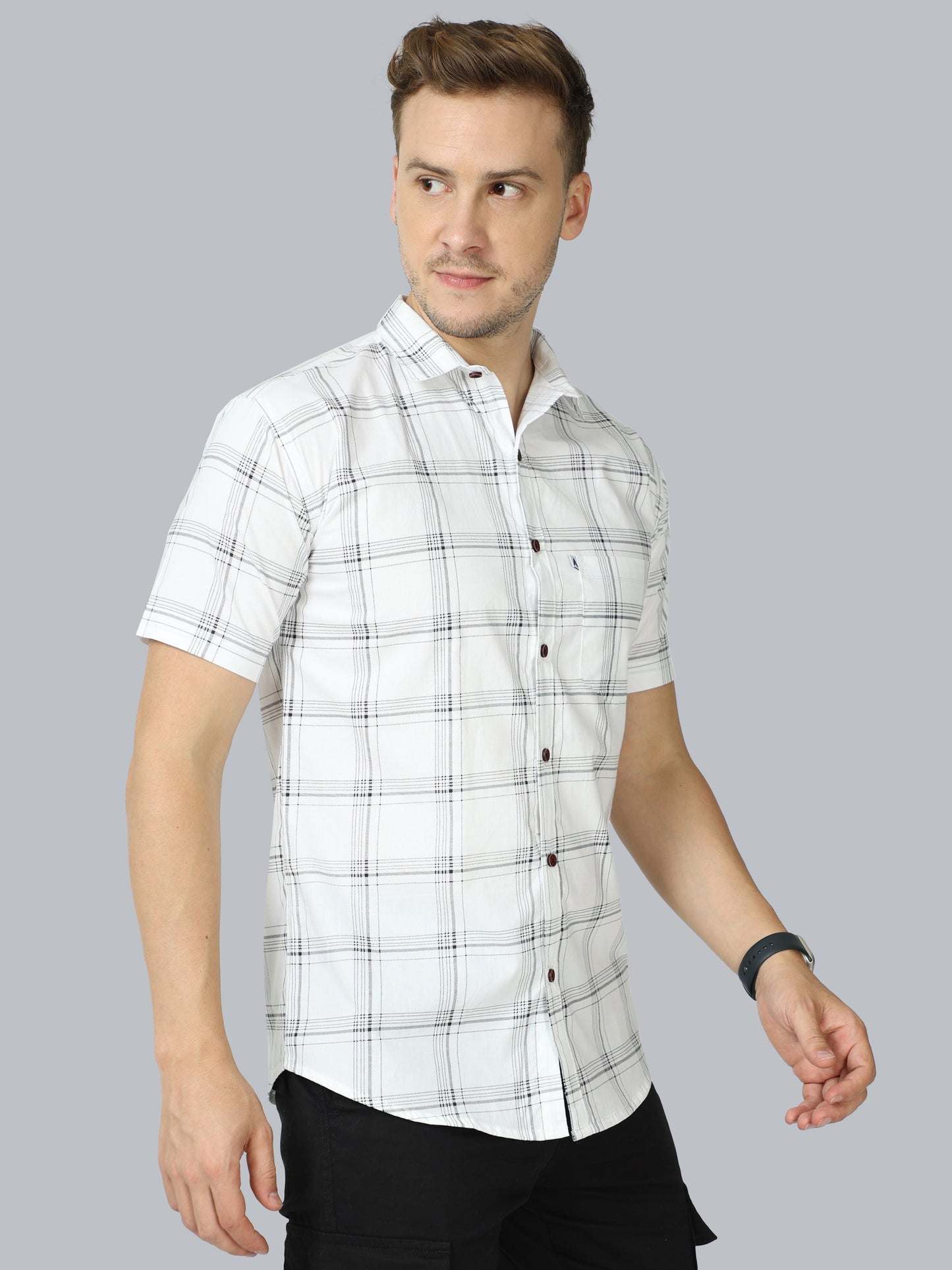 6line White Cotton Blend Checks Half Sleeve Shirt For Men