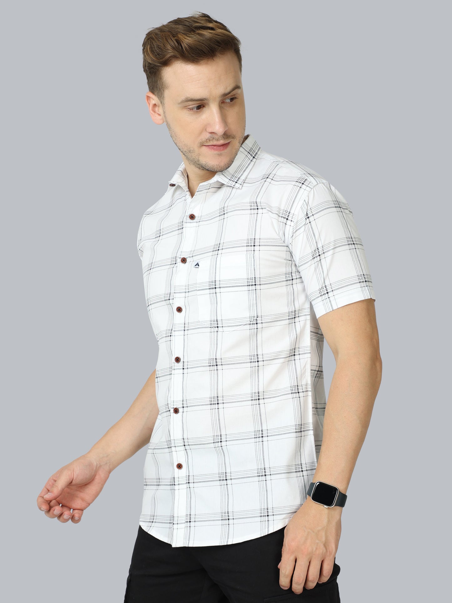 6line White Cotton Blend Checks Half Sleeve Shirt For Men