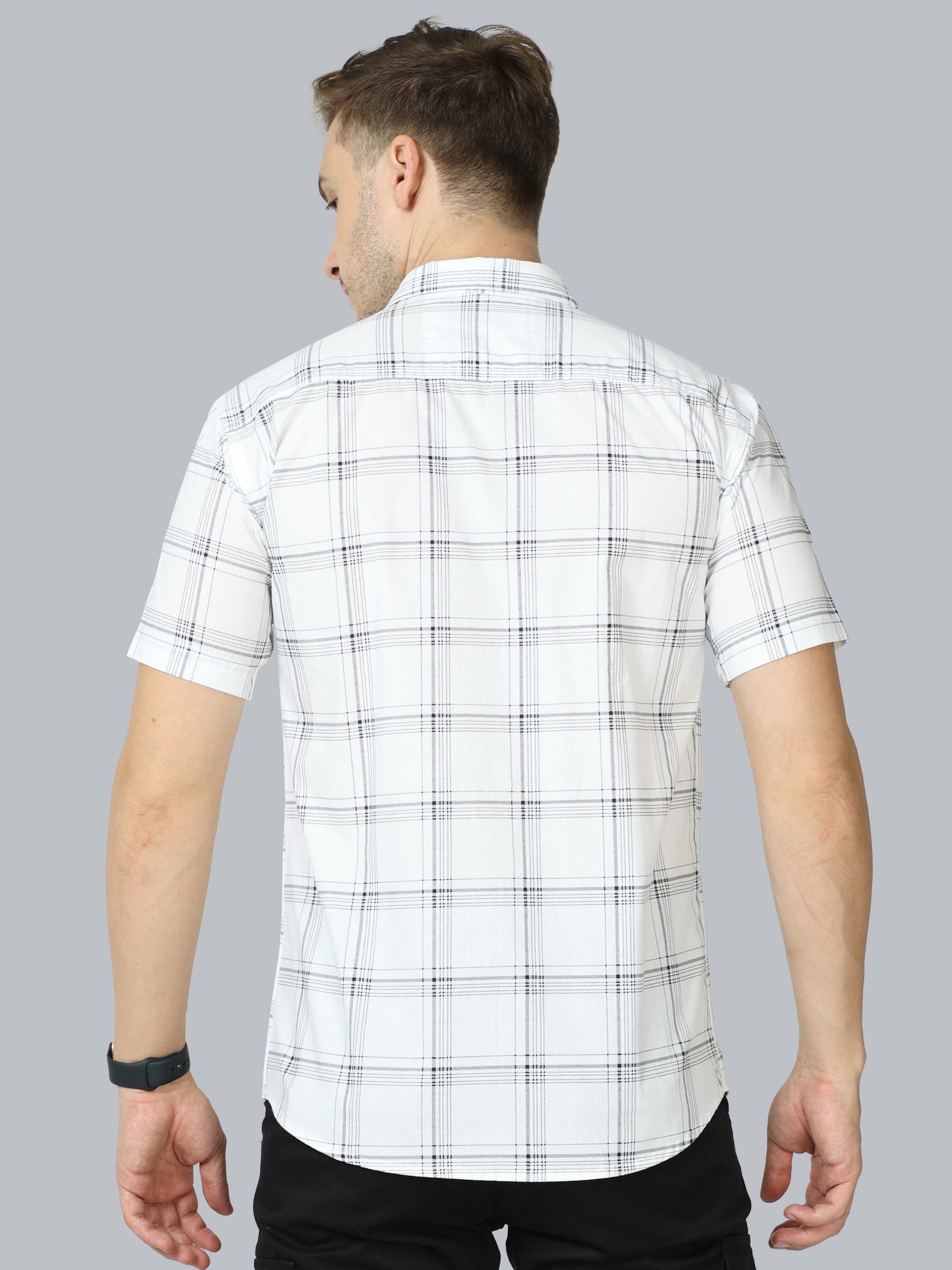 6line White Cotton Blend Checks Half Sleeve Shirt For Men