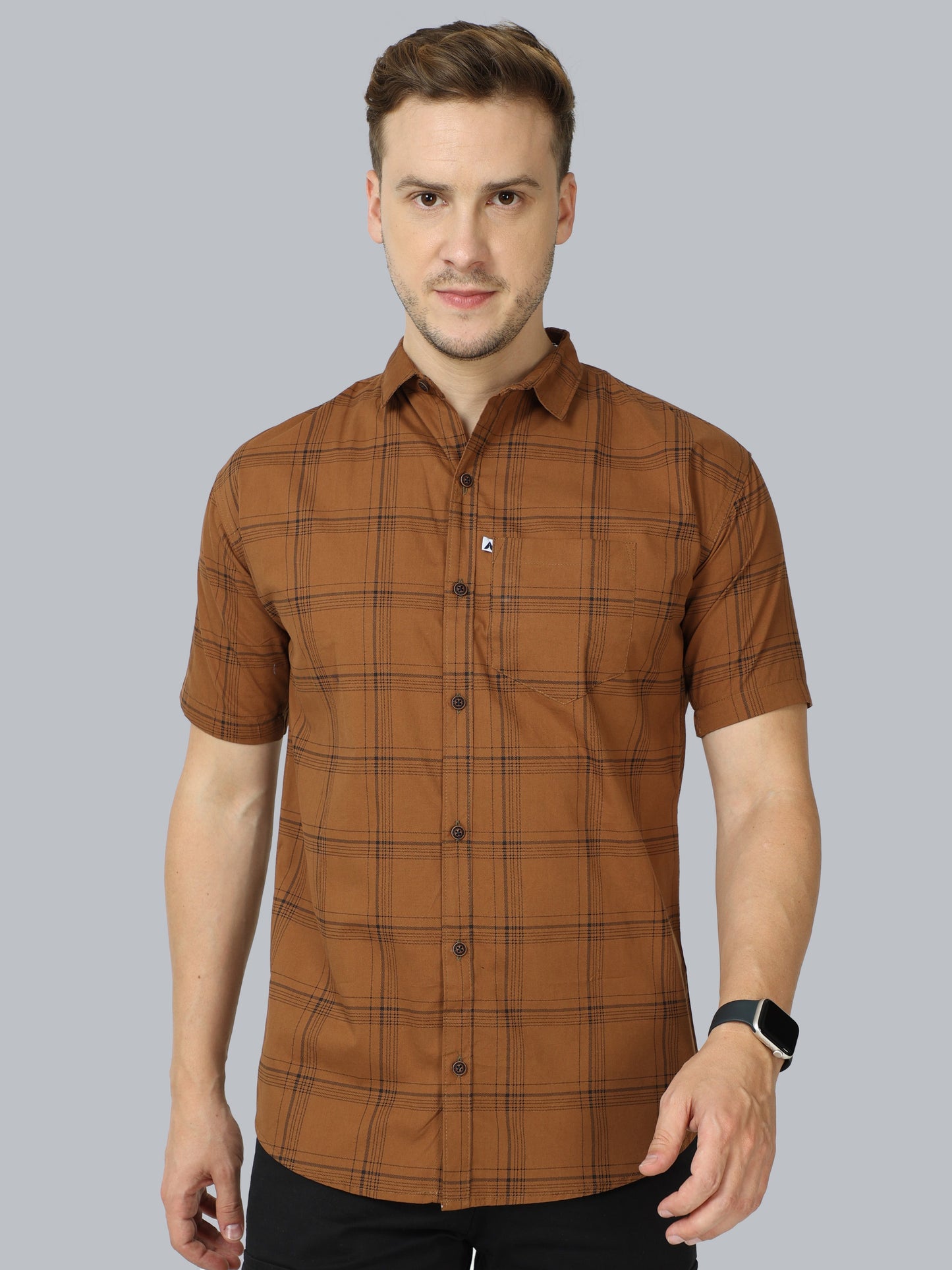 6line Brown cotton blend checks half sleeve shirt for men