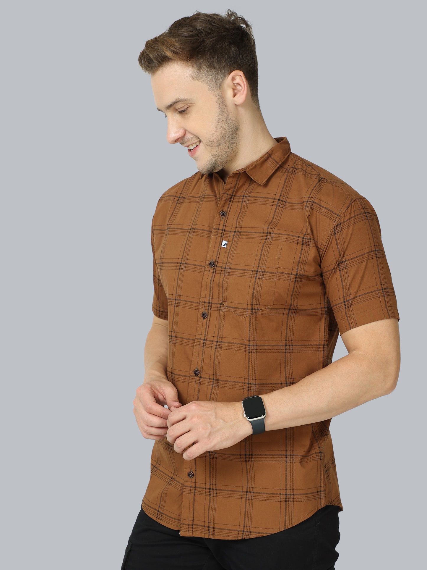 6line Brown cotton blend checks half sleeve shirt for men