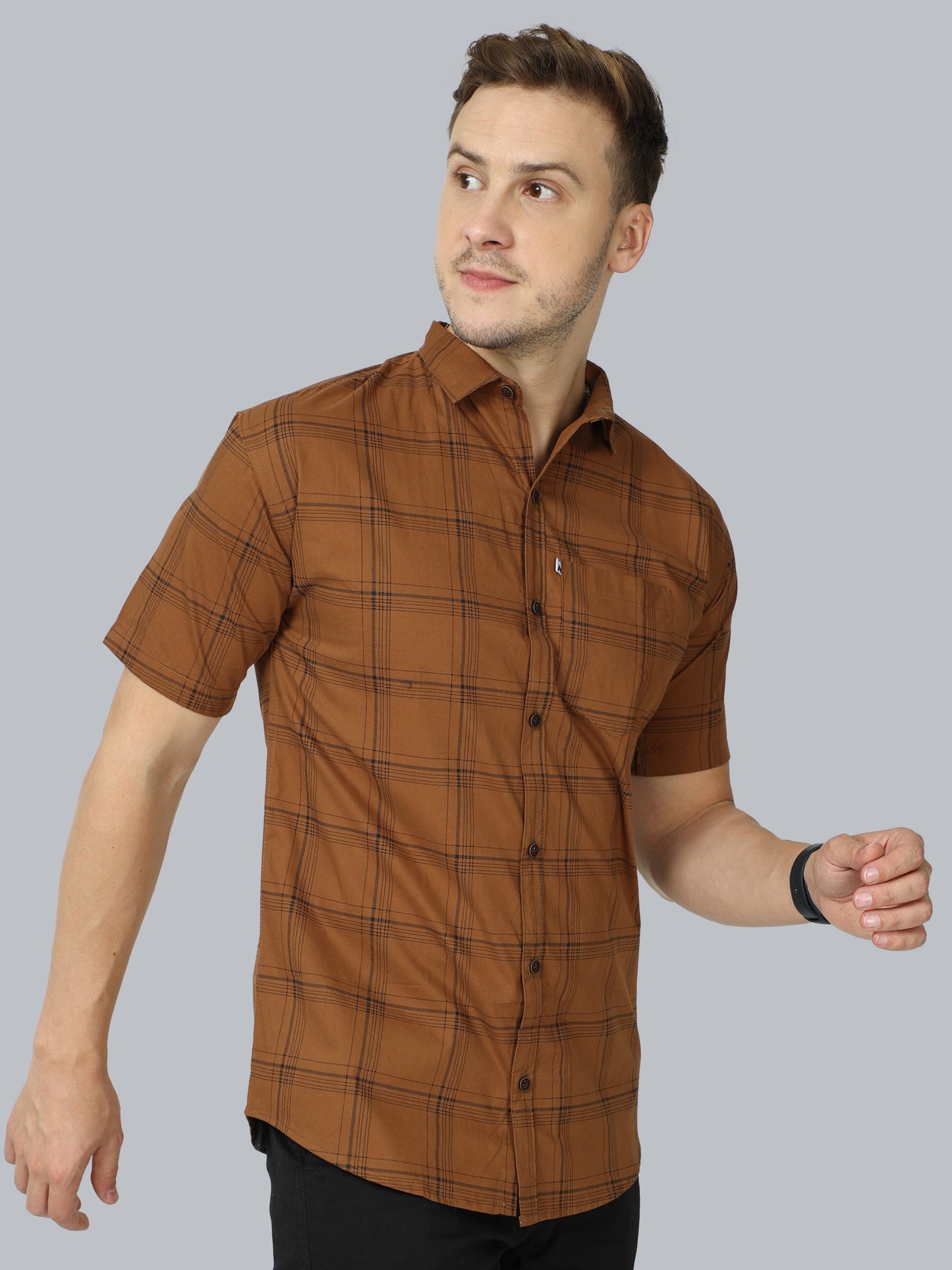 6line Brown cotton blend checks half sleeve shirt for men