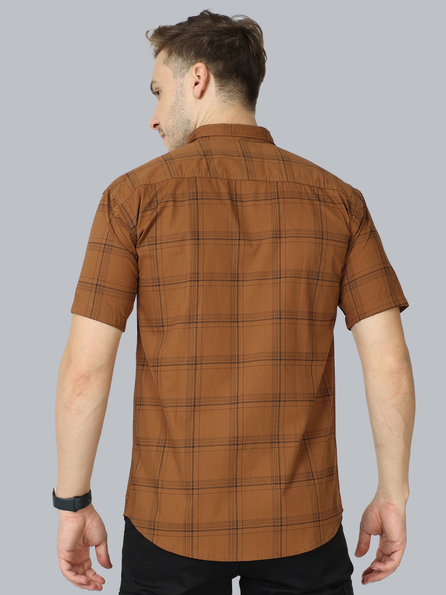 6line Brown cotton blend checks half sleeve shirt for men