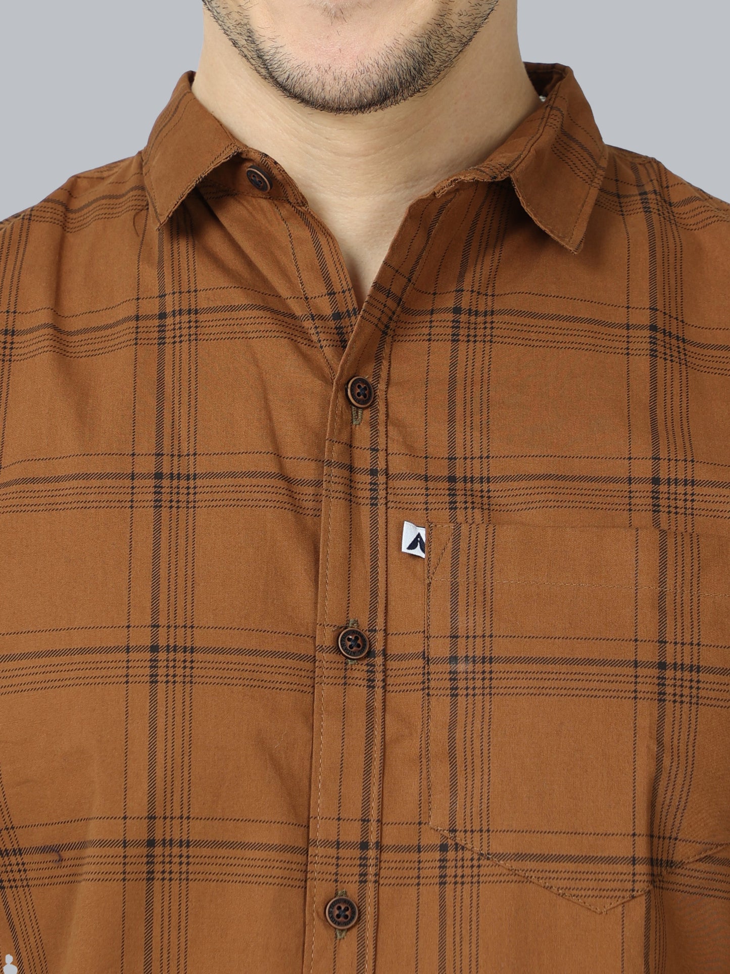 6line Brown cotton blend checks half sleeve shirt for men