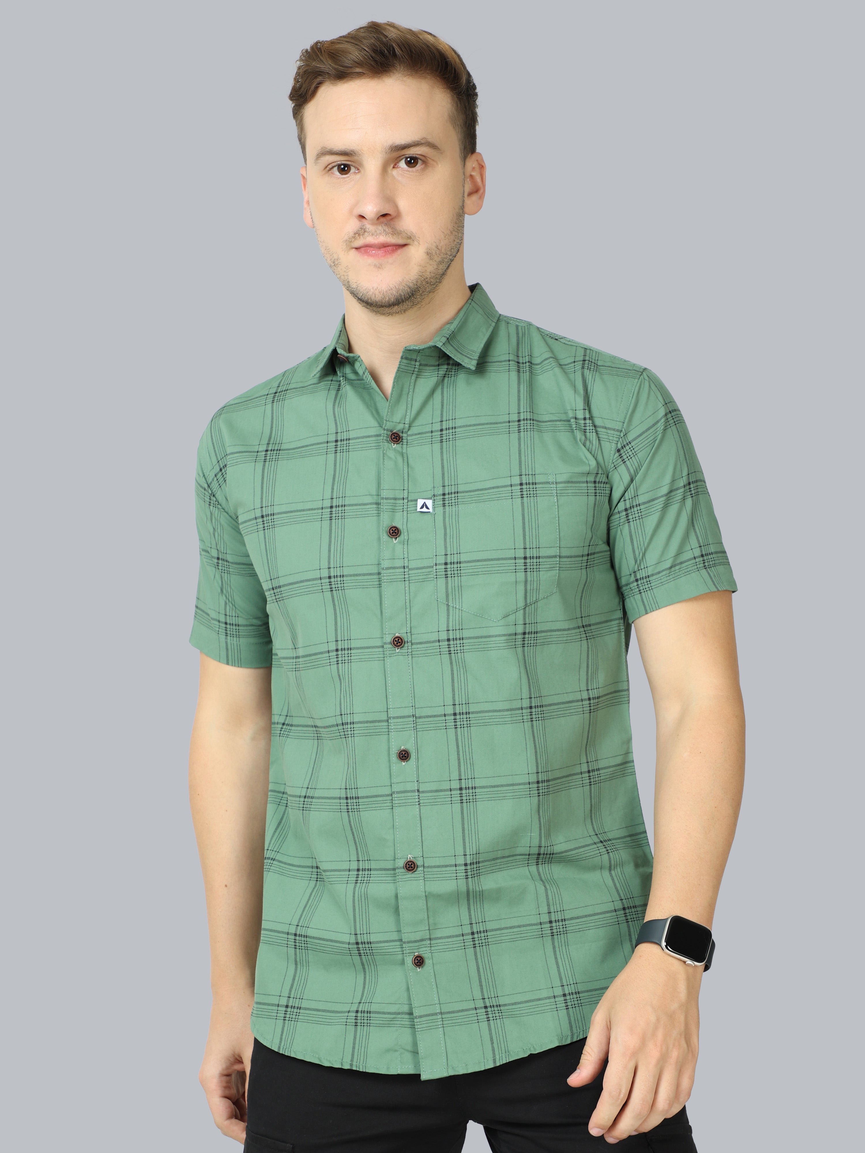 6line Green Cotton Blend Checks Half Sleeve Shirt For Men