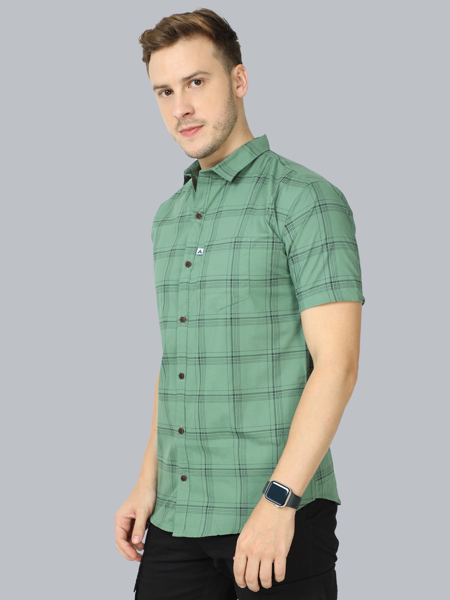 6line Green Cotton Blend Checks Half Sleeve Shirt For Men