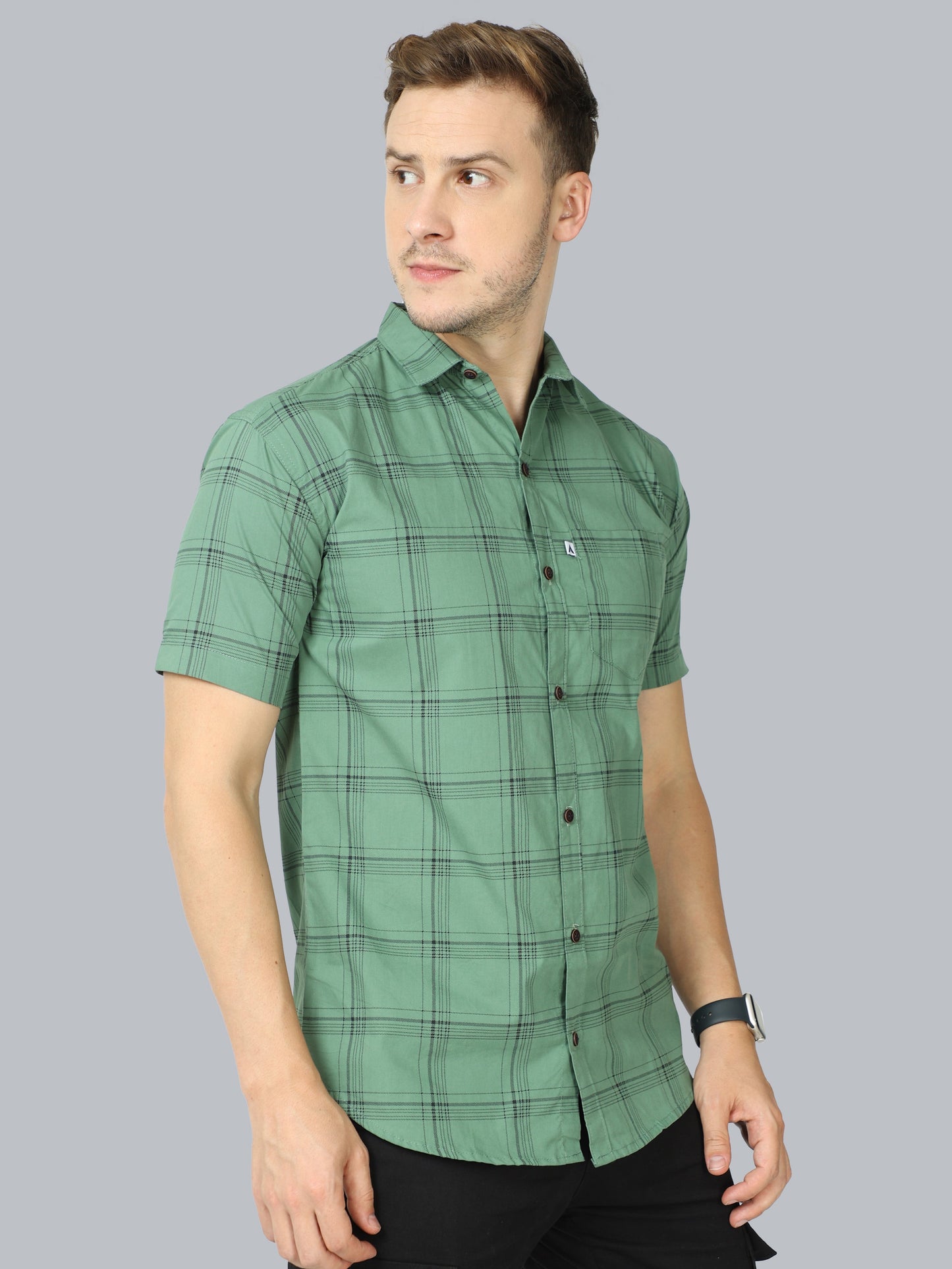 6line Green Cotton Blend Checks Half Sleeve Shirt For Men