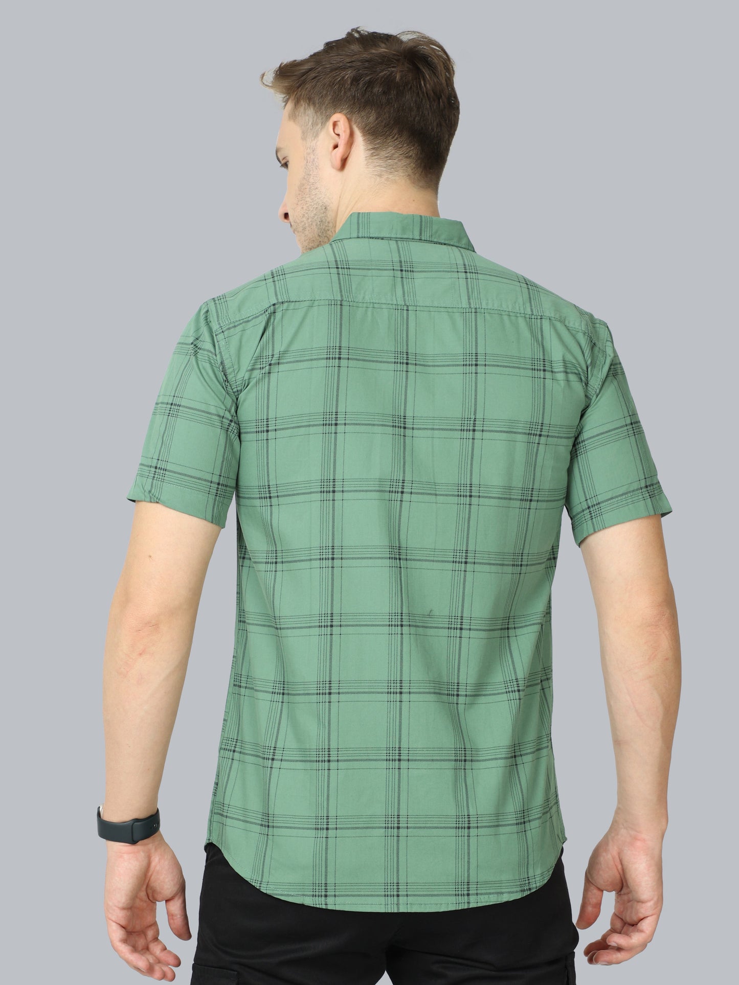 6line Green Cotton Blend Checks Half Sleeve Shirt For Men