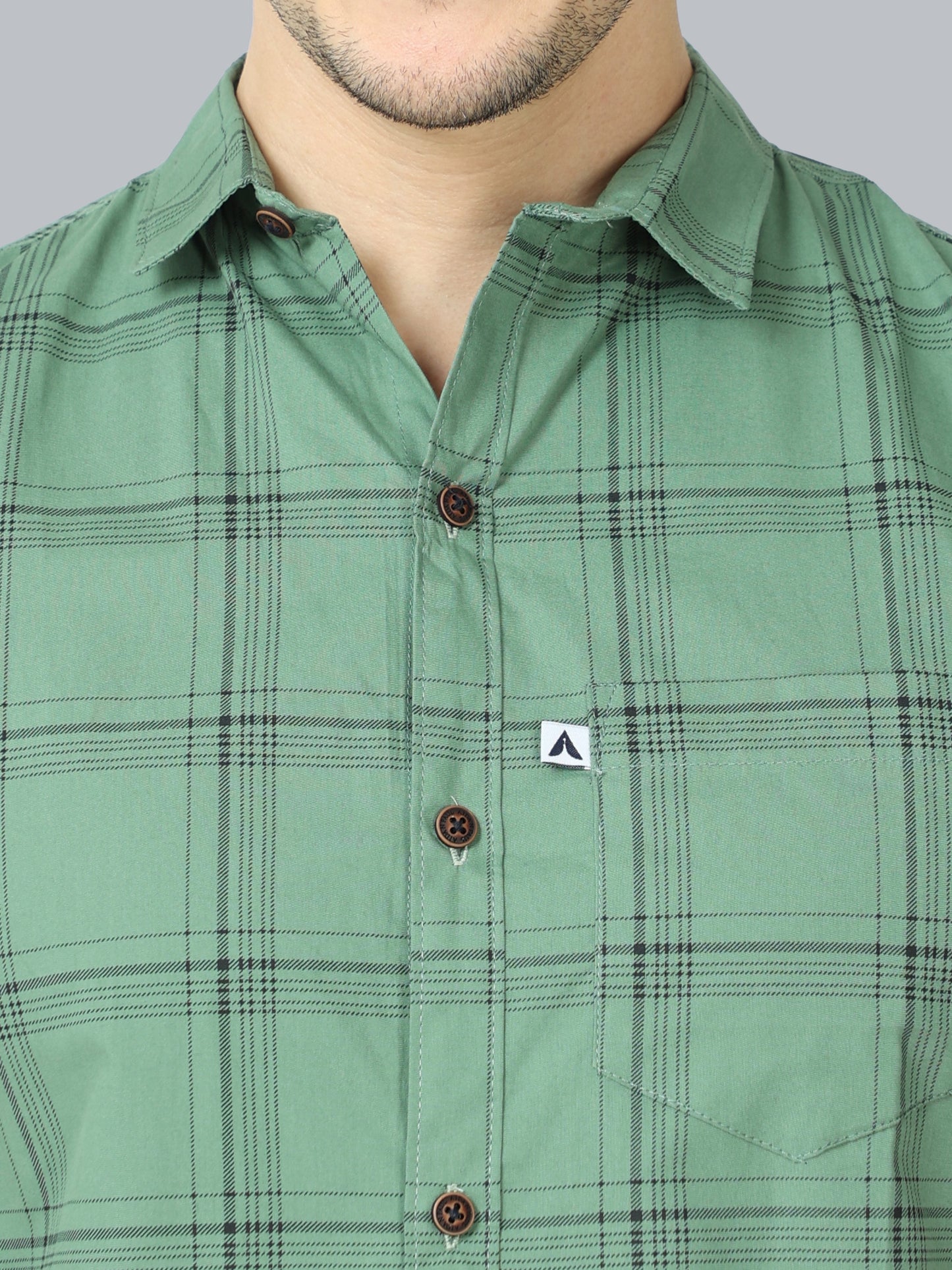 6line Green Cotton Blend Checks Half Sleeve Shirt For Men