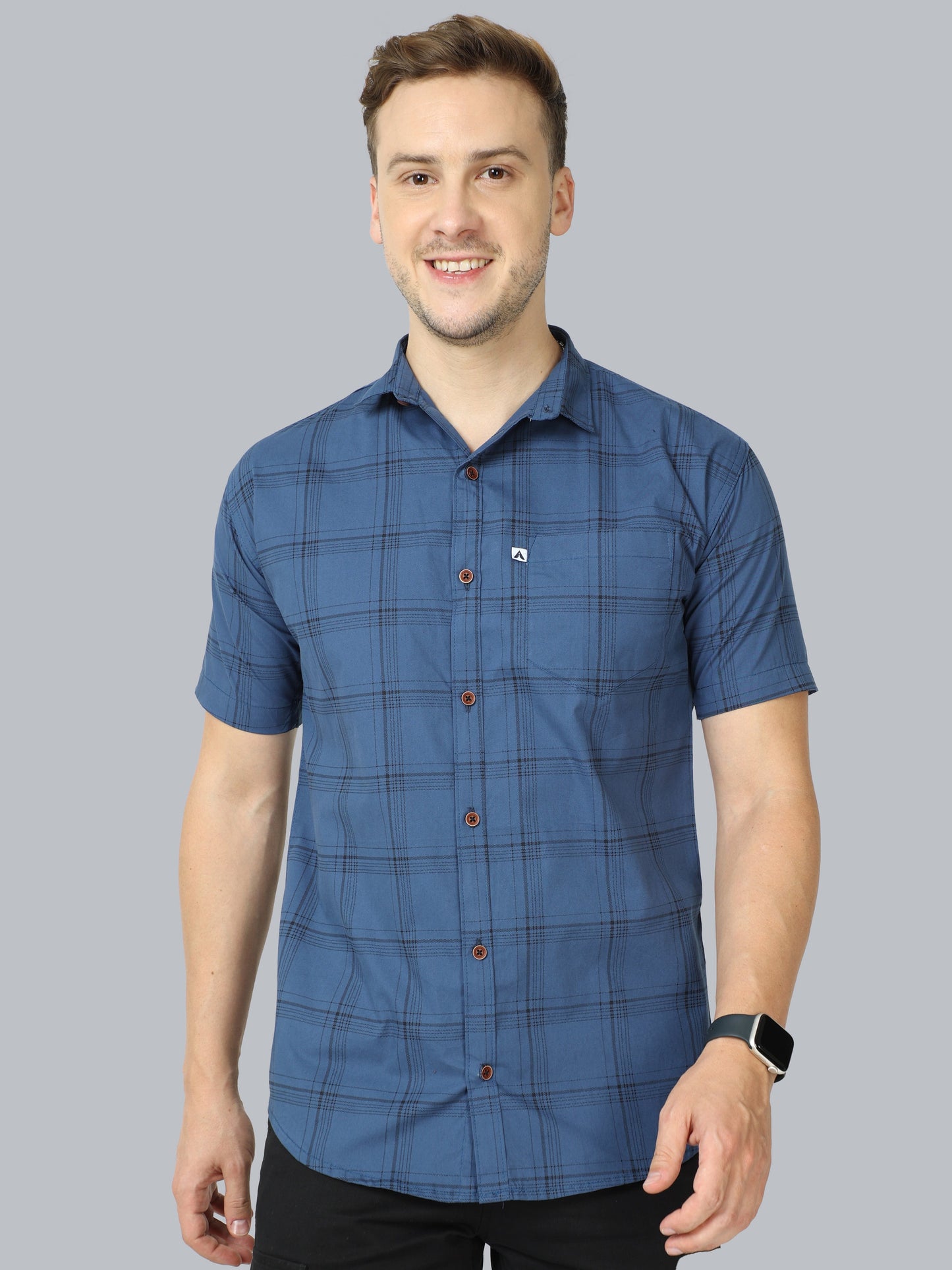 6line Navy Cotton Blend Checks Half Sleeve Shirt For Men