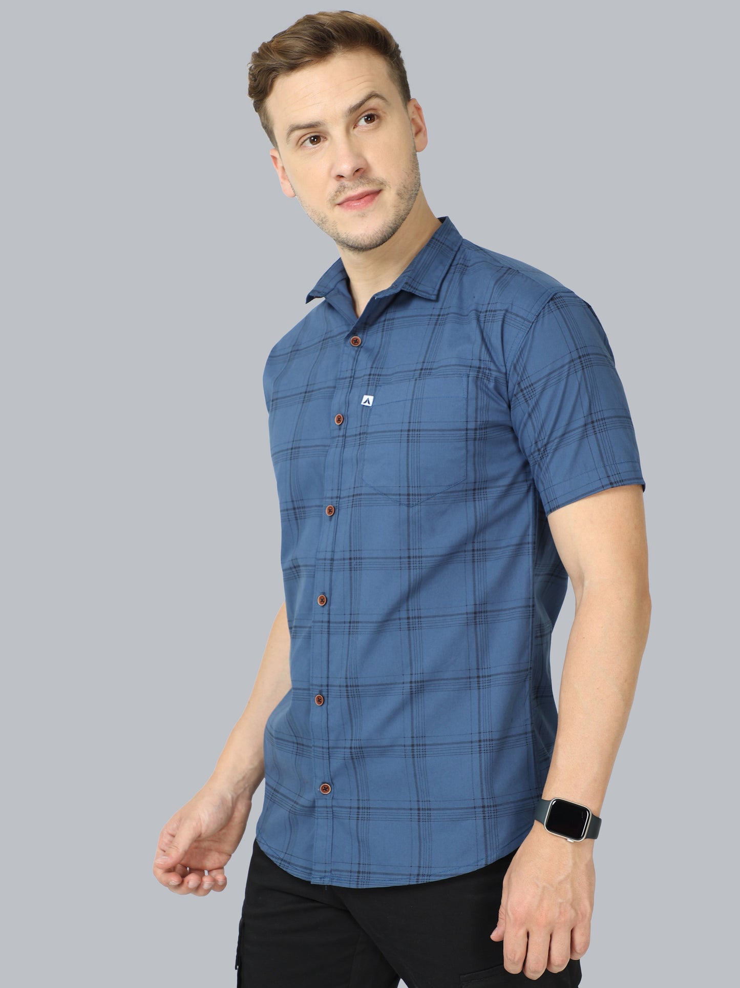 6line Navy Cotton Blend Checks Half Sleeve Shirt For Men