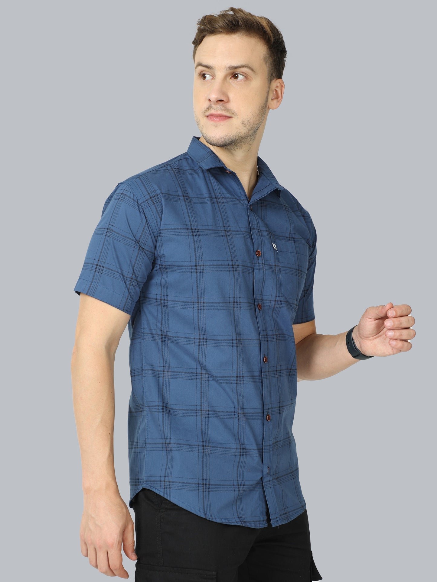 6line Navy Cotton Blend Checks Half Sleeve Shirt For Men