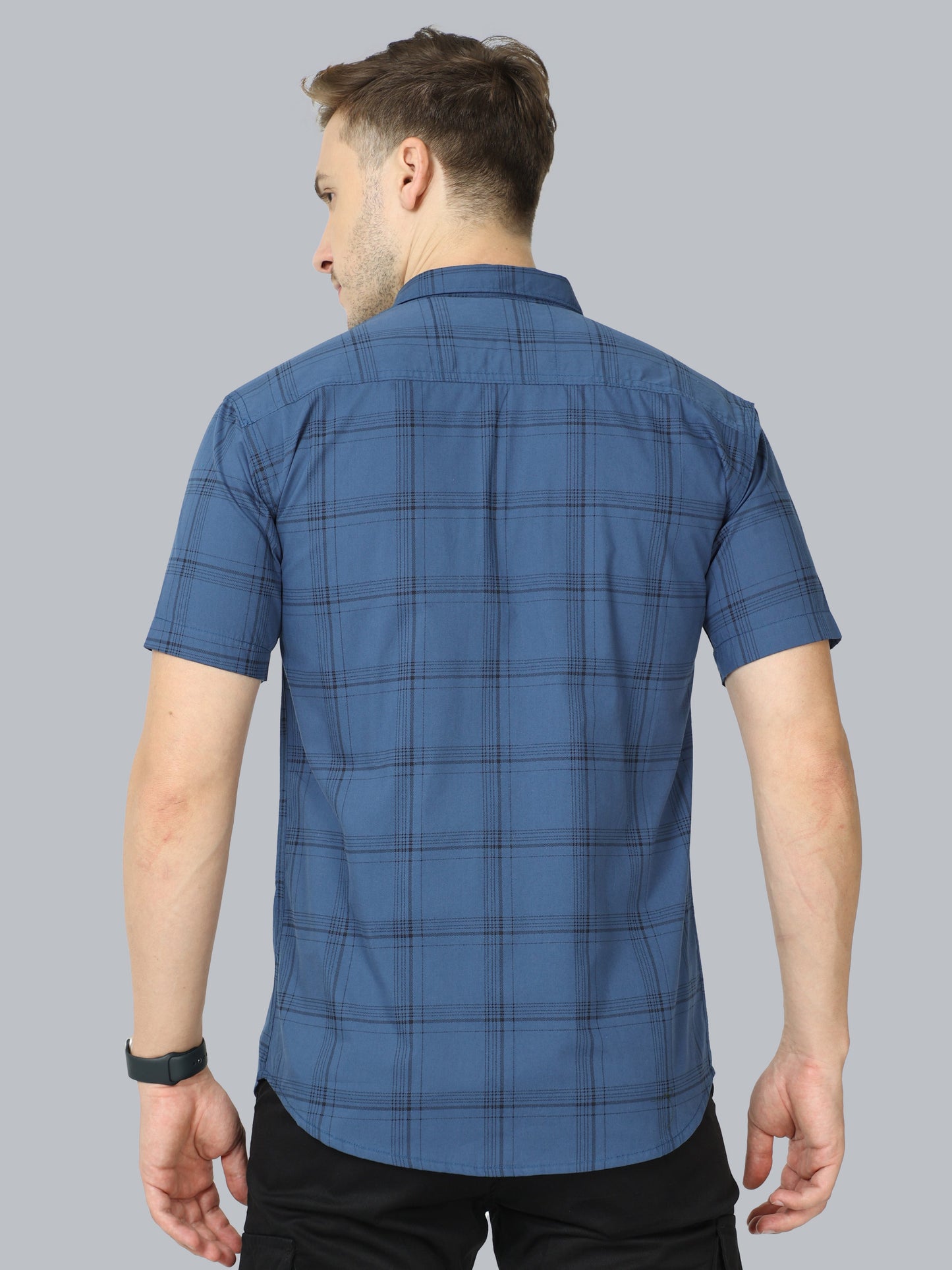 6line Navy Cotton Blend Checks Half Sleeve Shirt For Men