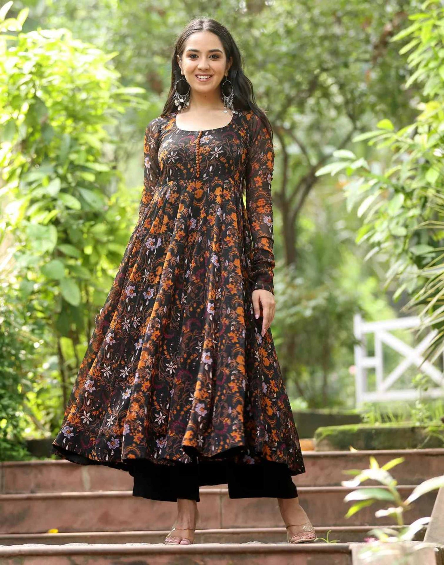 Black Printed Georgette Ethnic Dress