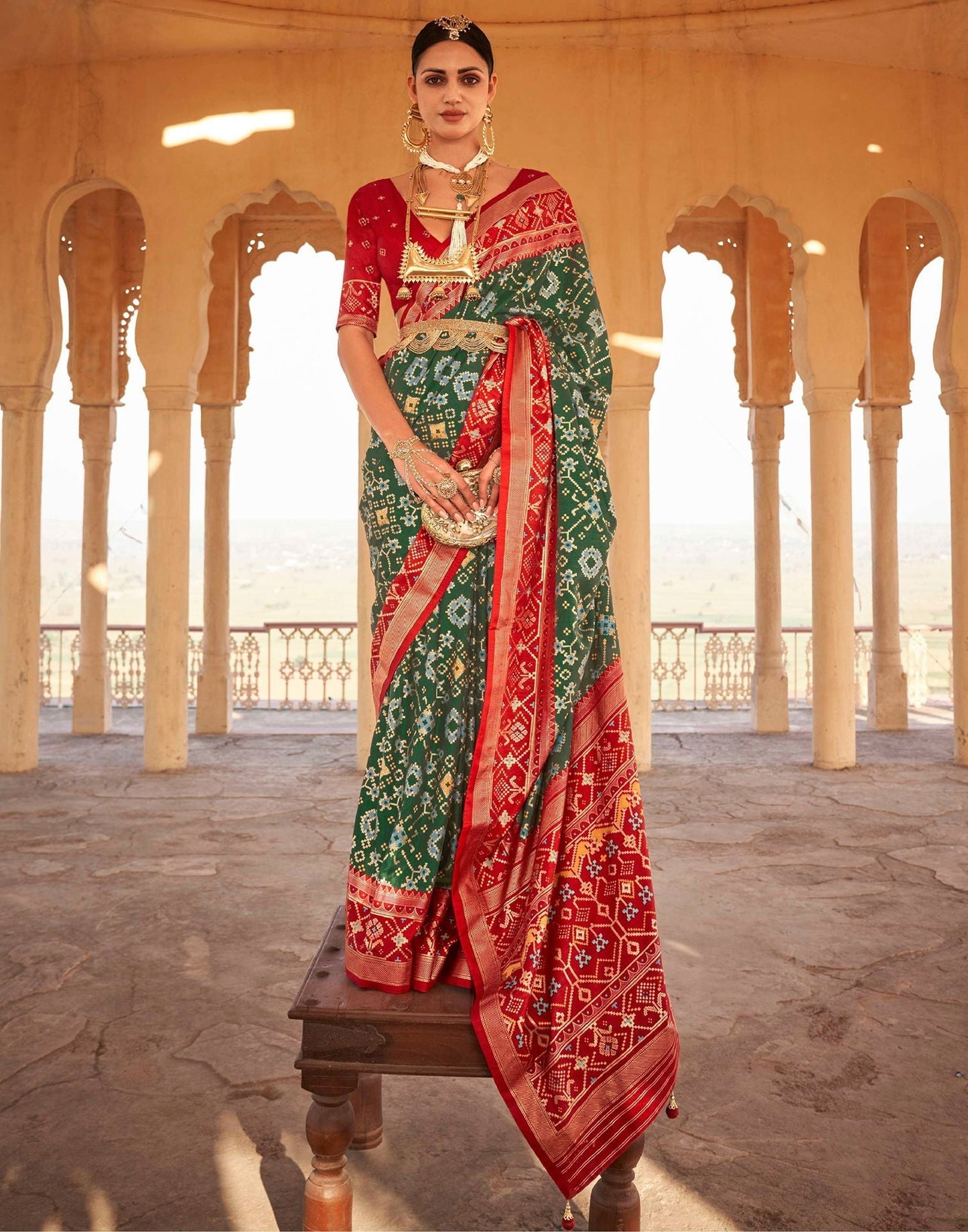 Green & Red Patola Silk Saree