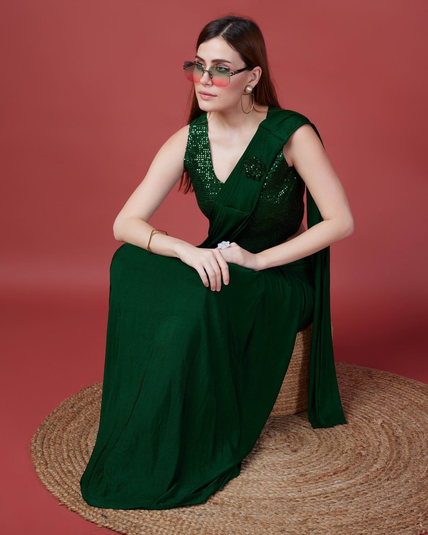 Green Colour Ready-to-Wear Saree with Embroidered Sequence Designer Blouse