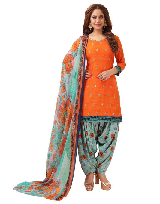 Beautiful Red Orange Printed Unstitched Salwar Suit