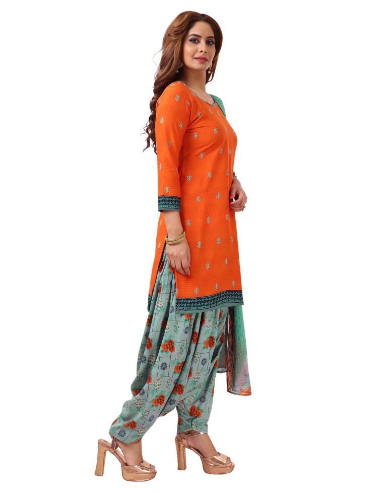 Beautiful Red Orange Printed Unstitched Salwar Suit