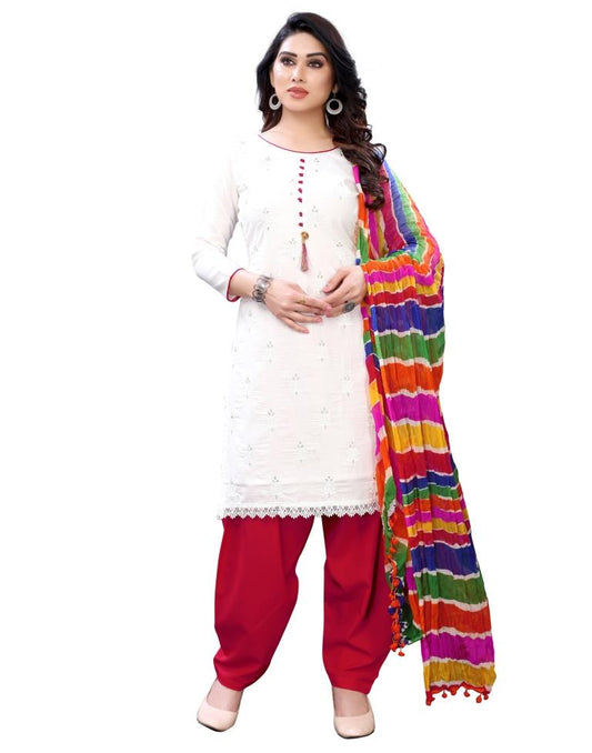 Bedazzling White Cotton Embroidered Unstitched Salwar Suit