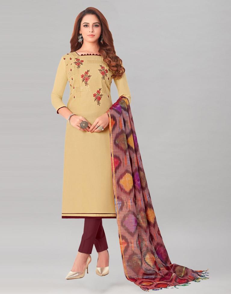 Beguiling Cream Cotton Embriodery Unstitched Salwar Suit