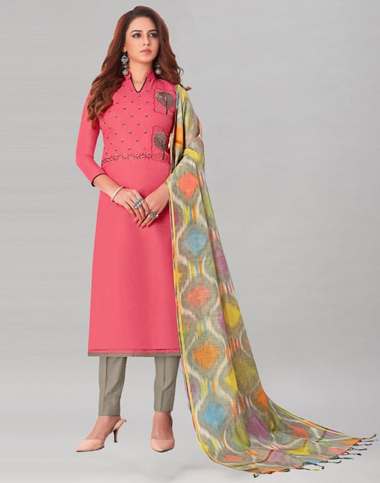 Fantastic Punch Pink Cotton Embriodery Unstitched Salwar Suit