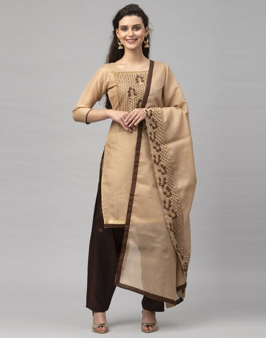 Exquisite Beige Cotton Embroidered Unstitched Salwar Suit