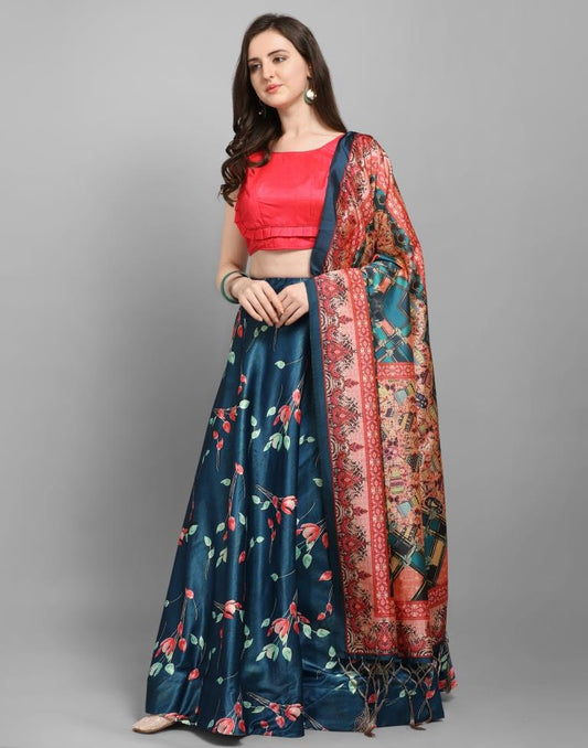 Beautiful Peacock Blue Coloured Poly Silk Digital Printed Casual Wear Lehenga