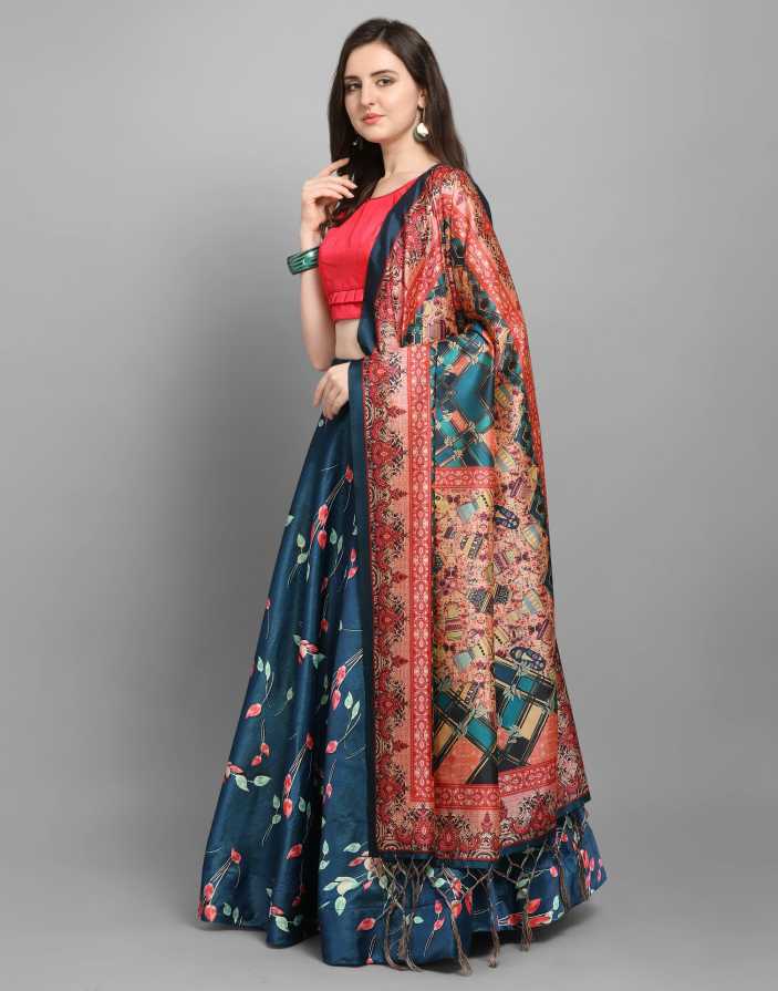 Beautiful Peacock Blue Coloured Poly Silk Digital Printed Casual Wear Lehenga