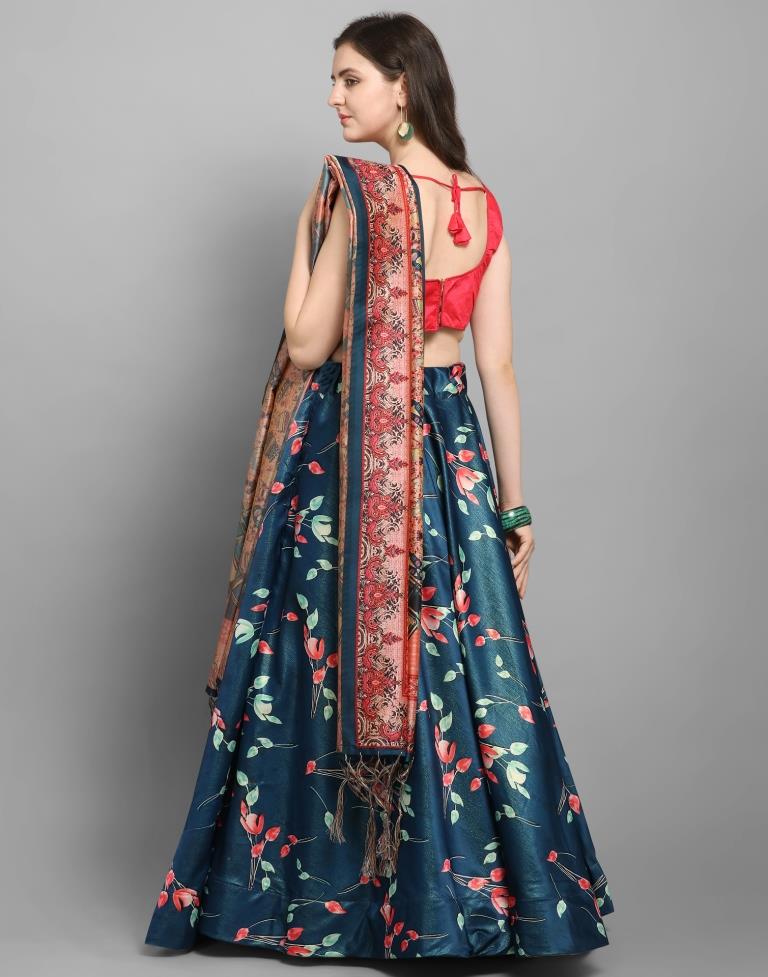 Beautiful Peacock Blue Coloured Poly Silk Digital Printed Casual Wear Lehenga