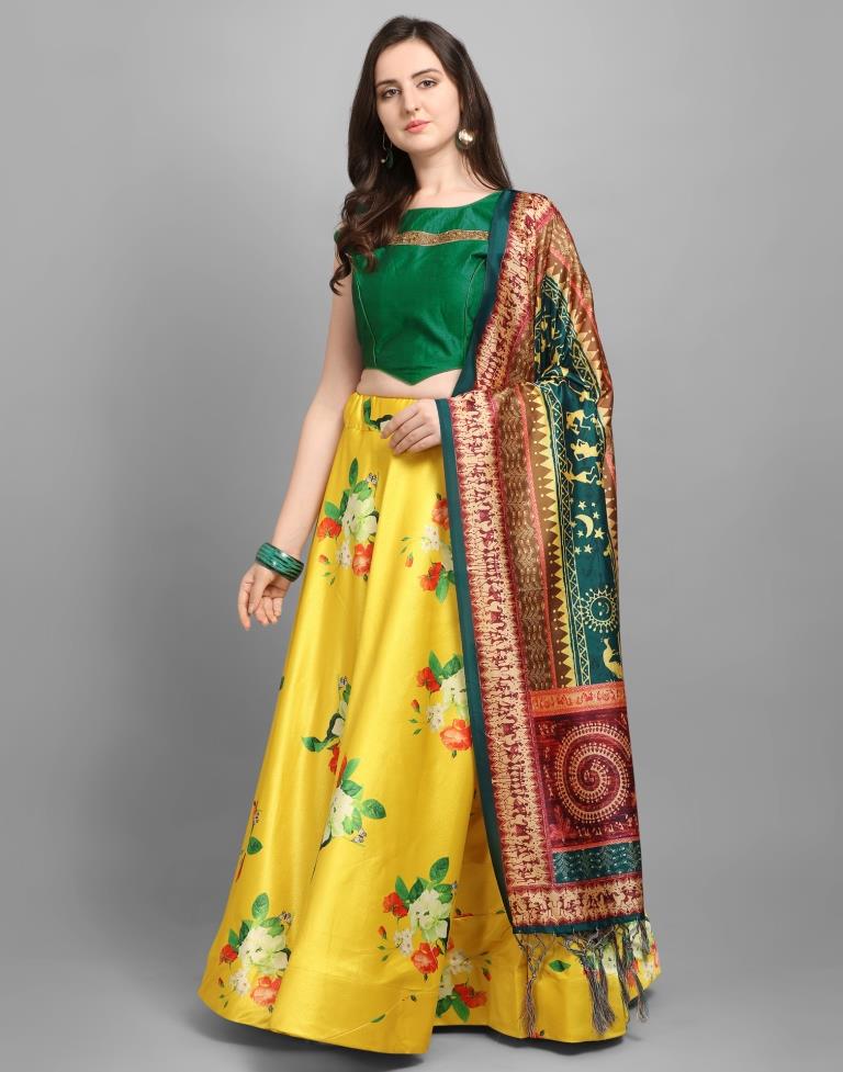 Bedazzling Yellow Coloured Poly Silk Digital Printed Casual Wear Lehenga