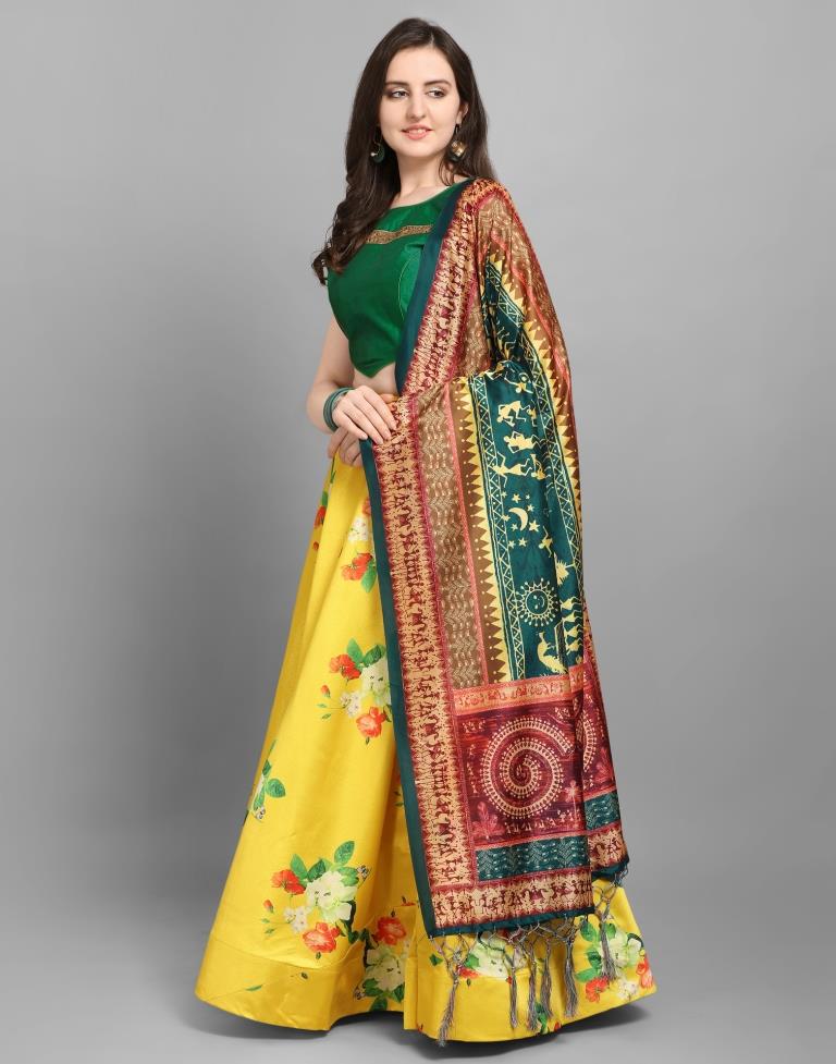 Bedazzling Yellow Coloured Poly Silk Digital Printed Casual Wear Lehenga