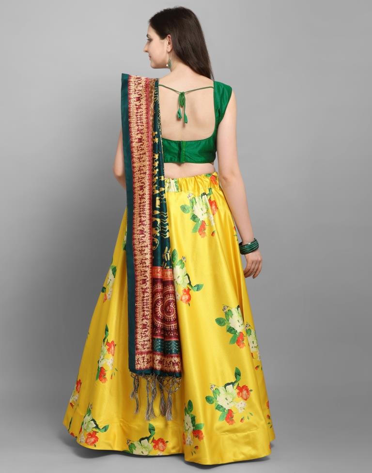 Bedazzling Yellow Coloured Poly Silk Digital Printed Casual Wear Lehenga