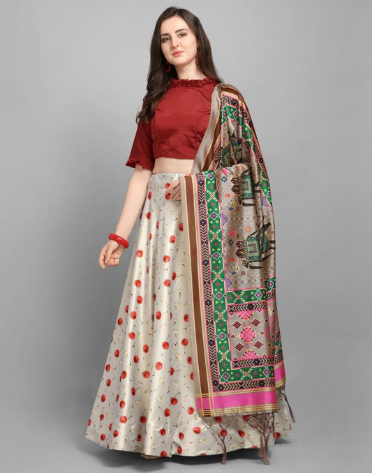 Attractive Off White Coloured Poly Silk Digital Printed Casual Wear Lehenga