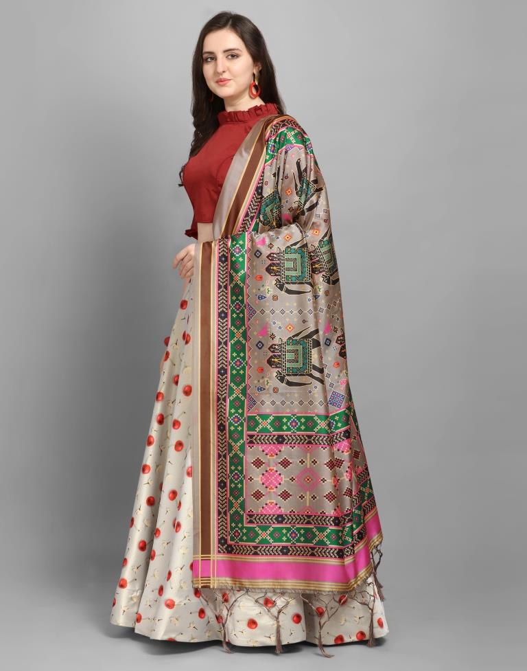 Attractive Off White Coloured Poly Silk Digital Printed Casual Wear Lehenga