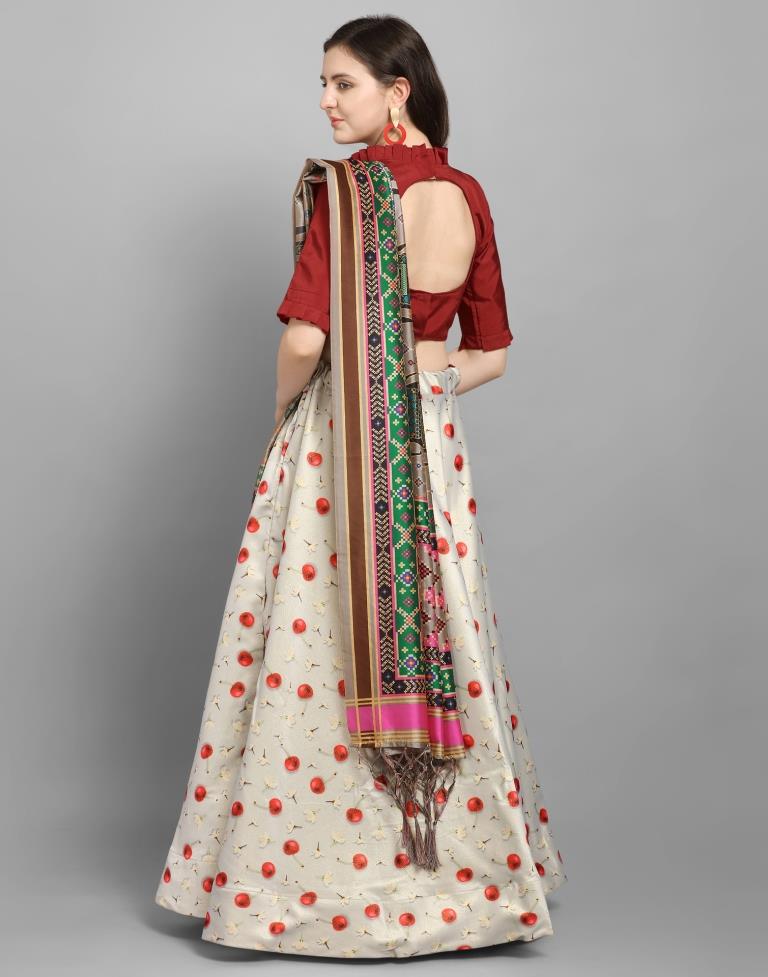 Attractive Off White Coloured Poly Silk Digital Printed Casual Wear Lehenga