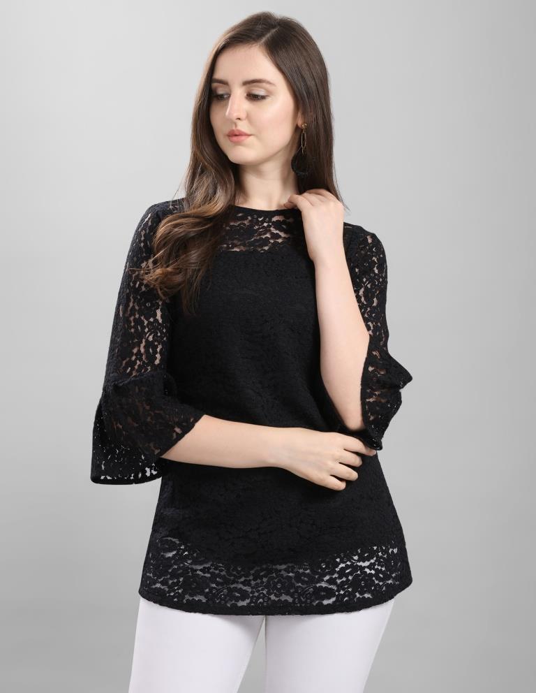 Graceful Black Coloured Net Russell Net Partywear Top