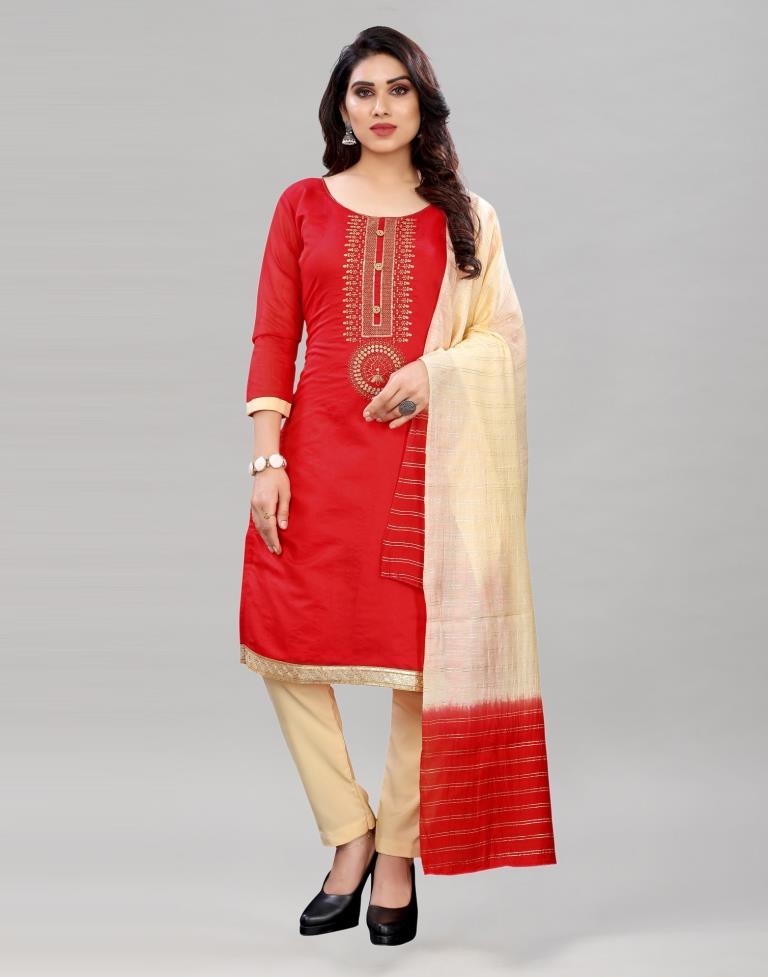 Attractive Red Chanderi Silk Embroidered Unstitched Salwar Suit