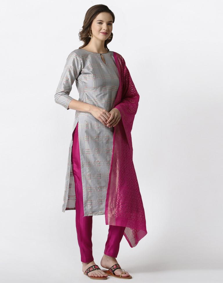 Graceful Grey Banarasi Silk Jacquard Unstitched Salwar Suit