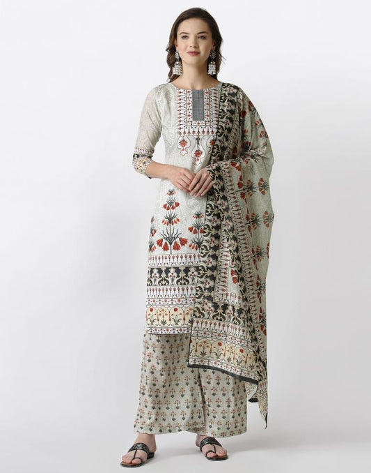 Aesthetic Off White Cotton Printed Unstitched Salwar Suit